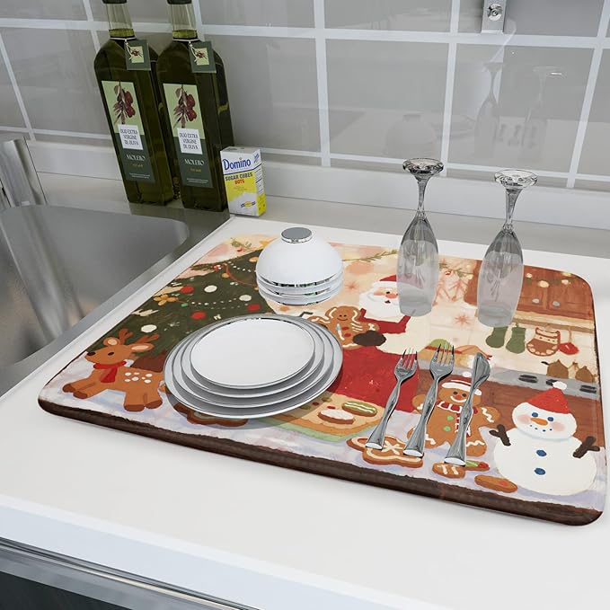 Christmas Dish Drying Mat for Kitchen Counter 18x24 Santa Claus Gingerbread Winter Xmas Holiday Themed Absorbent Reversible Microfiber Drying Mats Kitchen Countertop Protector Dishes Drainer Rack Pad