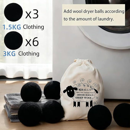 6 Pack Wool Dryer Balls Laundry Reusable Anti Static, Cotton Balls Wool Laundry Balls for Dryer Reduces Clothing Wrinkles Natural Fabric Softener Last 1000+ Loads (Black, 2.75 in/7 cm)