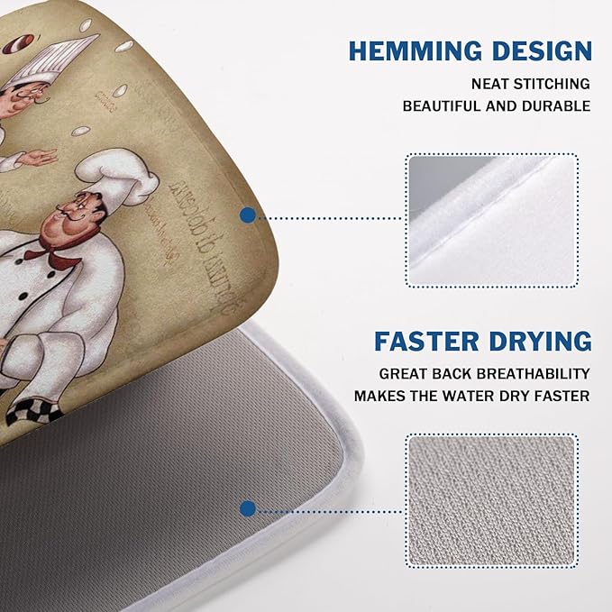 Fat Chef Dish Drying Mat For Kitchen Counter 18x24 Inch Microfiber Absorbent Drying Pad Chef Kitchen Drying Mat Dishes Pad Dish Drainer Rack Mats For Coffee Bar Decor Mats