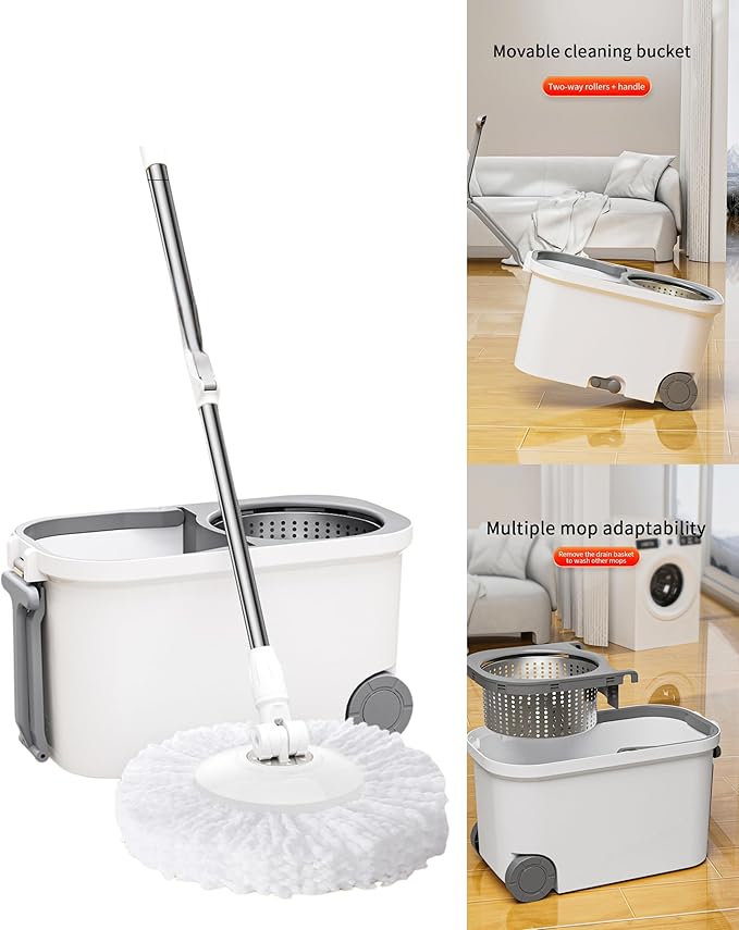 Spin Mop and Bucket System with Wringer, Microfiber Spin Mop and Bucket Set, Stainless Steel Handle, Rolling Mop Bucket with Drain Plug, Includes 3 Mop Heads for Hardwood Tile Floors