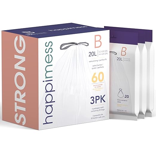 happimess 5.3 Gallon (20L) Drawstring Trash Bags, Unscented, White, Heavy Duty LDPE Liners for Kitchen and Household, Custom Fit 60 Count (3 Packs of 20 Liners) HPM3000B-WHITE