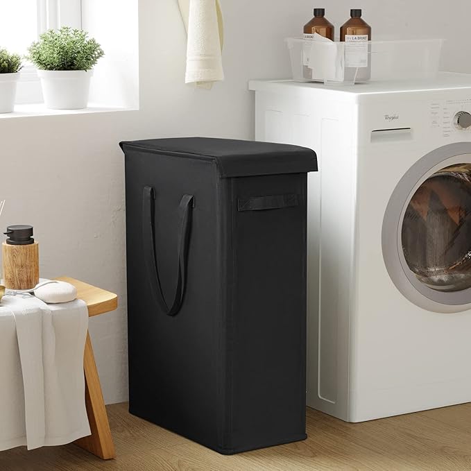 Chrislley 60L Slim Laundry Hamper with Lid Narrow Laundry Basket with Handle Upgrade Foldable Dirty Clothes Hamper Portable Skinny Hamper Organizer Storage Bins (25.6 inches, black)