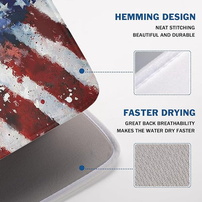 4th of July Dish Drying Mat 24x18 Inch, Patriotic Drying Mat with Absorbent Reversible Microfiber, Independence Day Dish Drainer Mats Memorial Day Rack Pad for Coffee Countertop Kitchen Protector