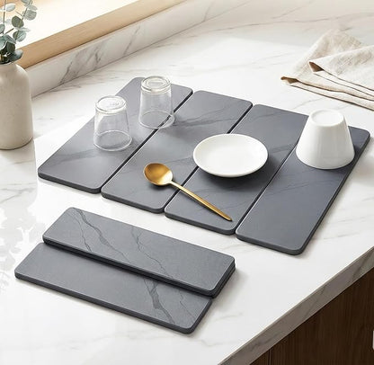 Large 4-Panel Stone Drying Mat for Kitchen Counter, 24"×16" , Foldable Diatomaceous Earth Dish Drying Mat, Quick-Dry ,Premium PU Leather Backing, Non-Slip, Kitchen Essentials