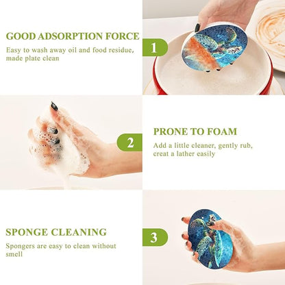 Sea Turtle Kitchen Scrub Sponges, Pop-up Kitchen Cleaning Sponges Reusable Dish Washing Sponges for Bathroom Household Cleaning 3 Pack - Non Scratch Scrubber