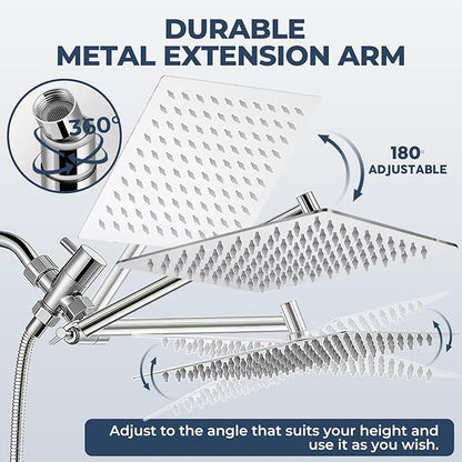 Shower Head, Rain Shower Head with Handheld Spray Combo, 8 Inch Adjustable High Pressure Rainfall Shower Head, Dual Showerhead Set with Extension Arm