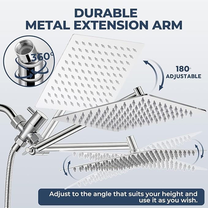 Shower Head, Rain Shower Head with Handheld Spray Combo, 12Inch Adjustable High Pressure Rainfall Shower Head, Dual Showerhead Set with Extension Arm