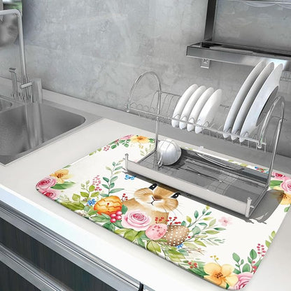 Easter Egg Bunny Dish Drying Mat 18 x 24 Inch With Absorbent Reversible Microfiber Spring Floral Flower Rabbit Butterfly Holiday Drying Mats Fast Dry Pad Draining Mat For Kitchen Countertop