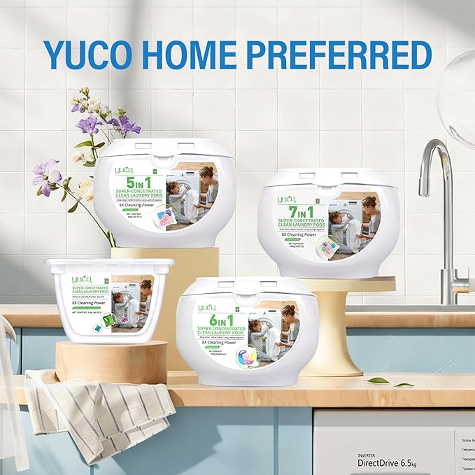 YUCO Laundry Pods Detergent 7-in-1 Super Cleaning PowerHypoallergenic & Ultra Concentrated Laundry Liquid Pods HE Compatible Washing Detergent with Long-Lasting Mixed Floral Fragrance 32 Loads