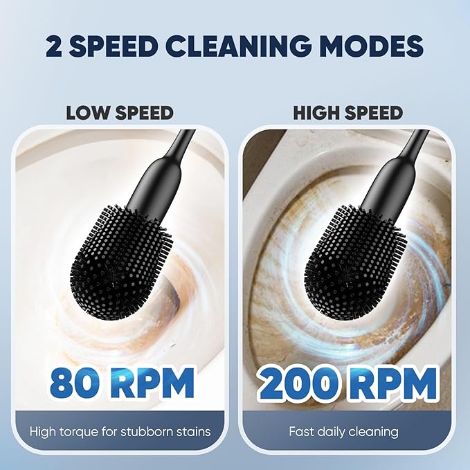 EKZ Electric Toilet Brush with UV Stain Detection, High-Torque Power, Dual-Speed (80/200 RPM), Splash-Resistant Silicone Scrubber Head, Hygienic Wall-Mount Holder, Type-C Rechargeable, Black