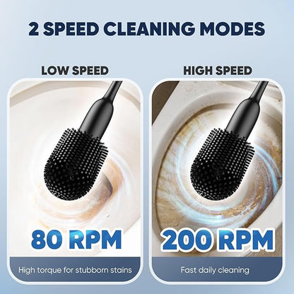 EKZ Electric Toilet Brush with UV Stain Detection, High-Torque Power, Dual-Speed (80/200 RPM), Splash-Resistant Silicone Scrubber Head, Hygienic Wall-Mount Holder, Type-C Rechargeable, Black