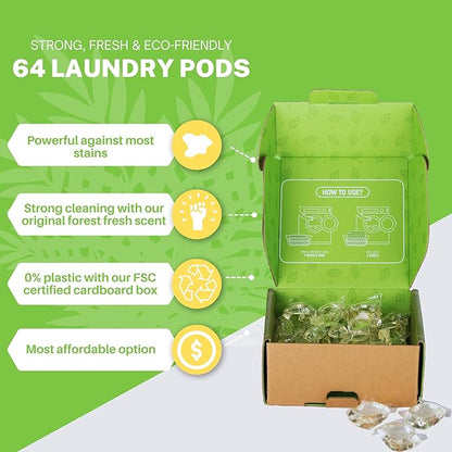 Laundry Detergent Pods, 64 Count, Fresh Scent, Eco Friendly, Biodegradable, HE Compatible, Powerful Stain & Odor Removal, Skin Friendly