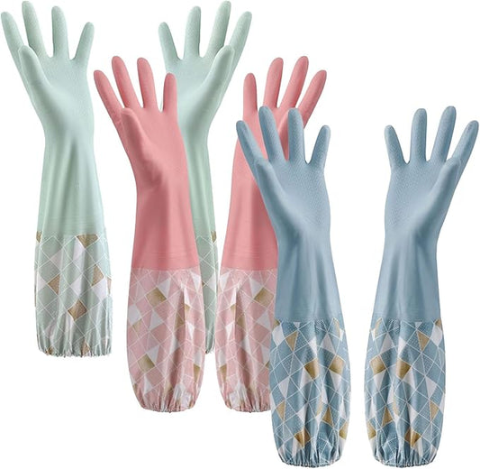 3PCS Dishwashing Cleaning Gloves with Cotton Flocked Liner, Reusable Latex Free Waterproof Long Cuff Kitchen Glove for Laundry, Cleaning, Working, Gardening(Pink+Green+Blue)