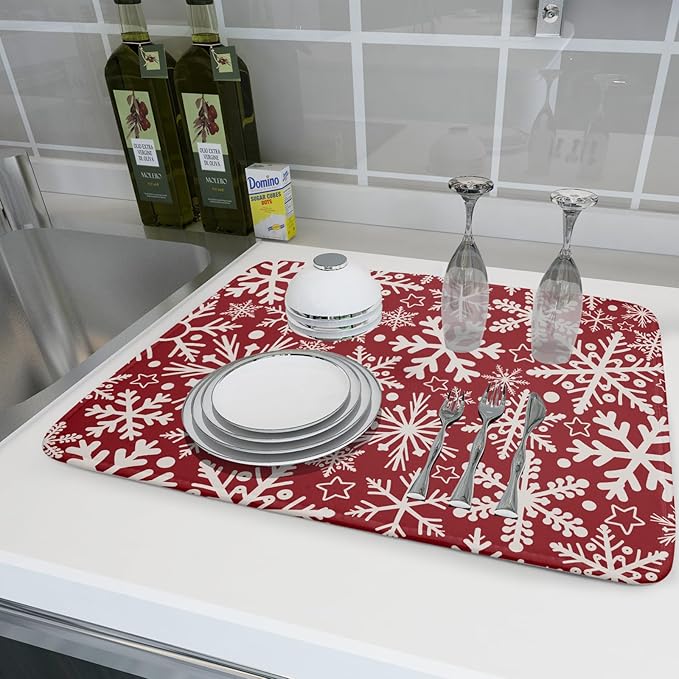 Christmas Dish Drying Mat for Kitchen Counter 18x24 Dark Red Snowflake Winter Xmas Holiday Absorbent Reversible Microfiber Drying Mats Kitchen Countertop Protector Dishes Drainer Pad