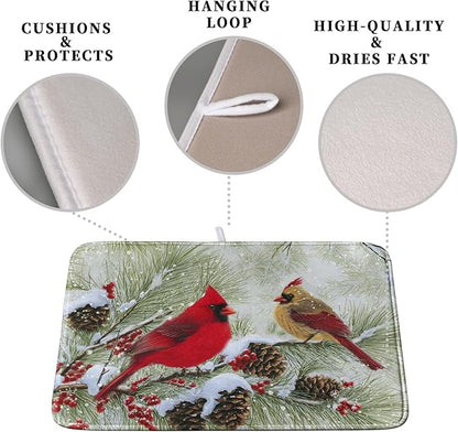 Winter Dish Drying Mat for Kitchen Counter 16x18 Inch Christmas Red Birds Drying Mats Xmas Holiday Microfiber Absorbent Dishes Drainer Mats Cardinal Dish Rack Pad