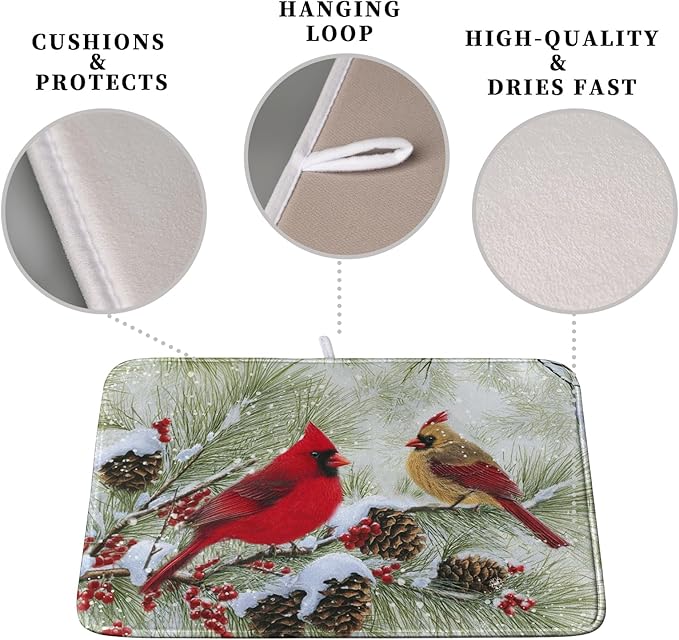 Winter Dish Drying Mat for Kitchen Counter 18x24 Inch Christmas Red Birds Drying Mats Xmas Holiday Microfiber Absorbent Dishes Drainer Mats Cardinal Dish Rack Pad