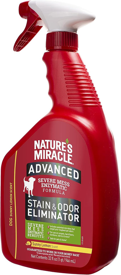 Nature's Miracle Advanced Stain & Odor Eliminator,32 Ounces,Sunny Lemon Scent,Severe Mess Enzymatic Formula For Tough Pet Messes,(Pack of 2)