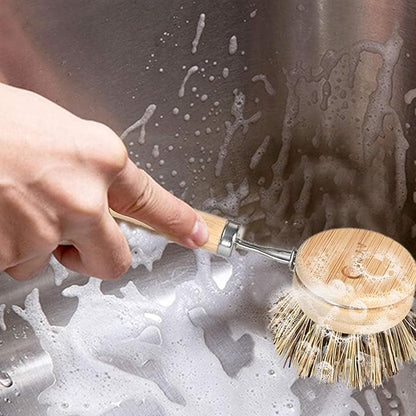 Bamboo Dish Scrubber with Handle - Hard Bristle, Natural Kitchen Brush, Sustainable & Biodegradable, Bamboo Brush for Dishes, Pans and Pots