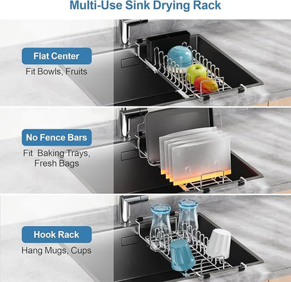 GSlife Large Capacity Expandable Dish Drying Rack with Absorbent Mat, 2-Piece Stainless Steel Dish Drainer Set for Counter with Removable Over Sink Rack, Family Size 15" W x 16.5"-21.5" L, Silver