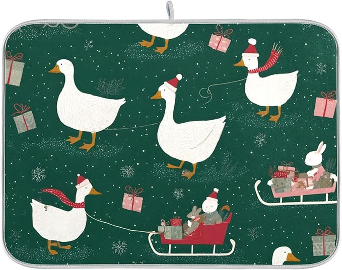 Christmas Geese Pattern Dish Drying Mat for Kitchen Counter Super Absorbent Drying Mat 16x18 inch Large Dish Drying Matts for Countertop Protector Dishes Pad