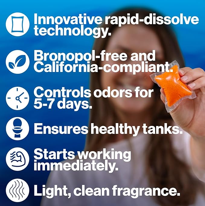 Walex Citra-Pak RV/Marine Holding Tank Deodorizer Drop-Ins - Waste Breakdown & Odor Control, Cleans Holding Tank & Sensors, Biocide-Free, Treatment for RVs, Boats, & Portable Toilets - Citrus, 30 Pack