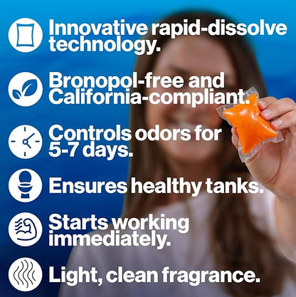 Walex Citra-Pak RV/Marine Holding Tank Deodorizer Drop-Ins - Waste Breakdown & Odor Control, Cleans Holding Tank & Sensors, Biocide-Free, Treatment for RVs, Boats, & Portable Toilets - Citrus, 30 Pack