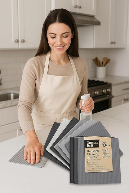 Swedish Dishcloths – Reusable, Super Absorbent & Biodegradable Cleaning Cloths, Eco-Friendly Cellulose Sponge Rags for Kitchen, Dishes & Counters – 6 Pack (Black, Gray, White)