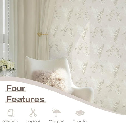 Heroad 17.3inx32.8ft Beige Wallpaper Floral Peel and Stick Wallpaper Delicate Flower Contact Paper for Cabinets Drawers Waterproof Removable Wall Paper Self Adhesive Stick on Walls Decor Vinyl Roll