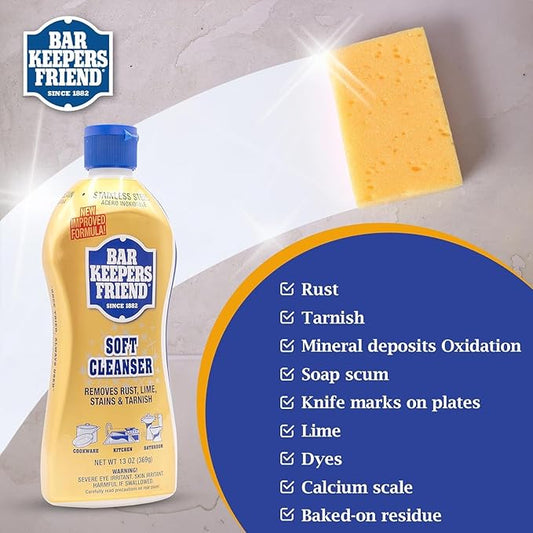 Bar Keepers Friend Cleanser 26oz Liquid (1 Bottle & 2 Towels) – Soft Liquid Cleaner Bundled with Premium Microfiber Towel– Liquid Stainless Steel cleaner for Pots, Pans, Cooktop, kitchen & Glassware