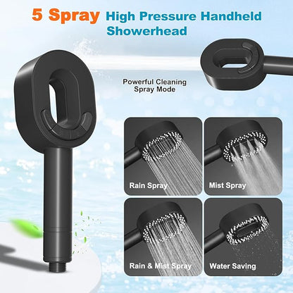 Hibbent Filtered Showerhead with handheld, High Pressure 5 Sprays Shower Head, Anti-clog Nozzles, Brass Holder & 71" Metal Hose, 3 Water Softener Filter Remove Chlorine, Reduce Dry Itchy Skin, Black