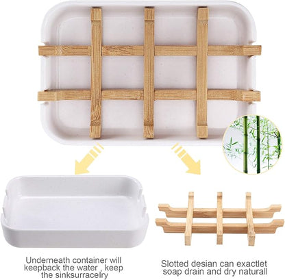 Bamboo Wooden Soap Dishes for Bathroom Bar Soap Holder Shower Soap Holder Sink Deck Bathtub Shower Tray (Two Pieces White)