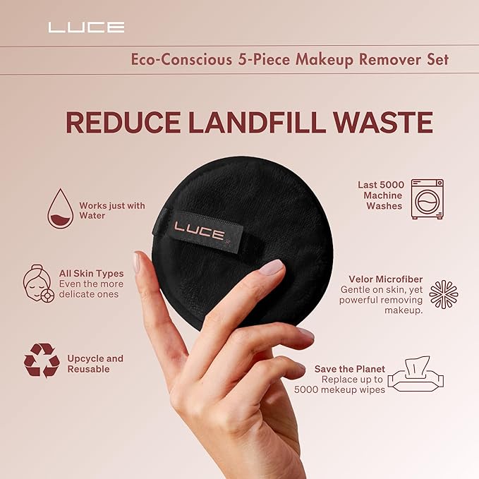 LUCE Makeup Remover Pads Reusable – First Velour Microfiber Makeup Remover Cloth, Eco-Friendly Washable Design, Ultra-Soft for All Skin Types