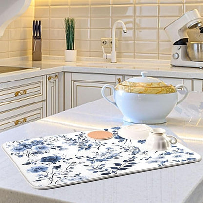 Blue White Porcelain Flower Dish Drying Mat for Kitchen Counter Absorbent Microfiber Drying Pad, Large 18x24 in