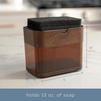 S&T INC. Dish Soap Dispenser and Sponge Holder for Kitchen Sink, Waterproof Labels and Sponge Included, 13 Ounces, Plastic, Walnut and Amber