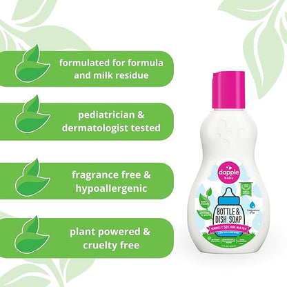 Dapple Baby Bottle Soap, Hypoallergenic Dish Soap for Baby Bottles, Powered by Plants, Travel Size, Fragrance Free, 3 Fl Oz (Pack of 2)
