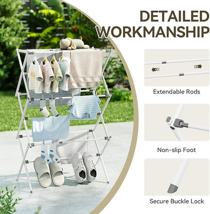 APEXCHASER Clothes Drying Rack, Foldable & Extendable Laundry Rack with Adjustable Size (14.57in-35.43inW), Space-Saving, Rust-Resistant Frame & Floor Protection for Indoor/Outdoor Use, White