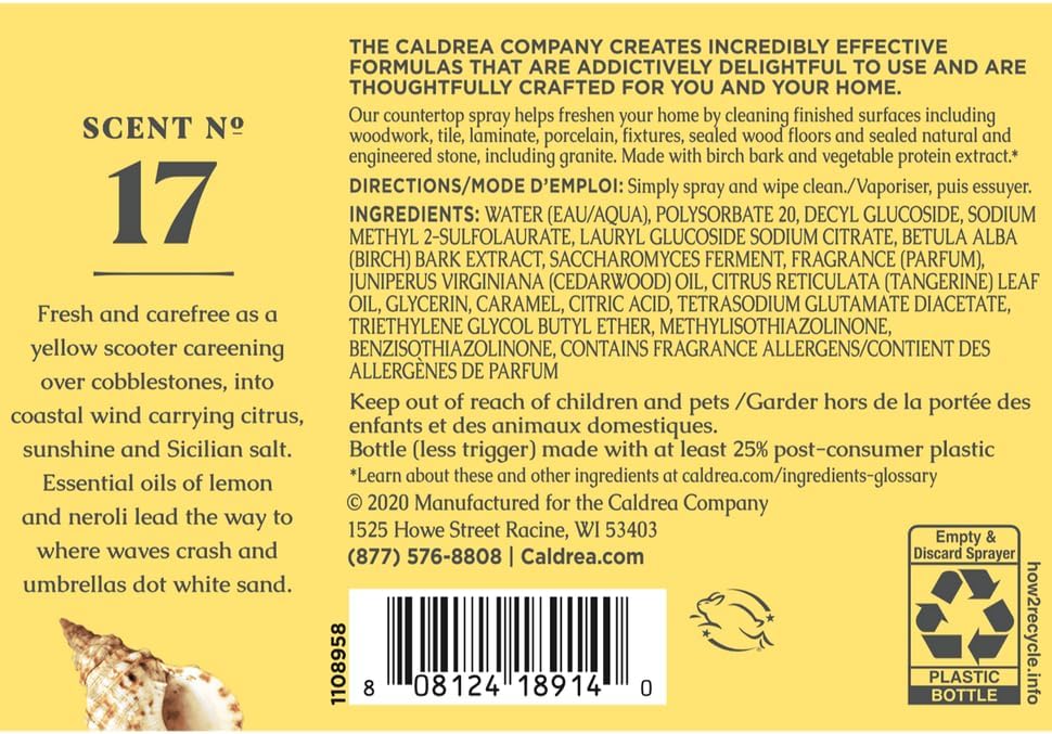 Caldrea Multi-surface Countertop Spray Cleaner, Made with Vegetable Protein Extract, Sea Salt Neroli Scent, 16 oz, 3 Pack