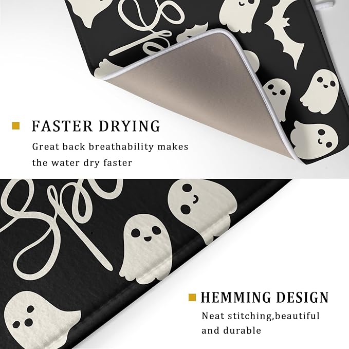 Halloween Dish Drying Mat for Kitchen Counter 18x24 Cute Ghost Black Spooky Holiday Scary Theme Absorbent Reversible Microfiber Drying Mats Kitchen Countertop Protector Dishes Drainer Pad