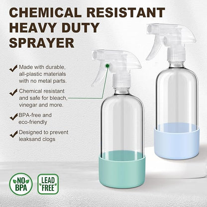 Glass Spray Bottles with Silicone Sleeves (2 Pack, 16 oz), Mist and Stream Empty Refillable Containers, Water Sprayer Misting Bottle for Cleaning Solutions, Planting, Hair Spraying, Green & Grey