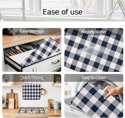 Dish Drying Mat Buffalo Plaid Dark Blue Check Drying Mats for Kitchen Counter Farmhouse Style Absorbent Microfiber Dish Drainer Quick Drying Coffee Mat with Hanging Loop, 18 x24 inch