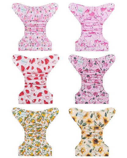 Babygoal Baby Cloth Diaper 6 Pack with 6pcs Inserts and Wet Bag for Fitted Diapers and Prefolds, Adjustable and Reusable Covers for Toddler Boys and Girls