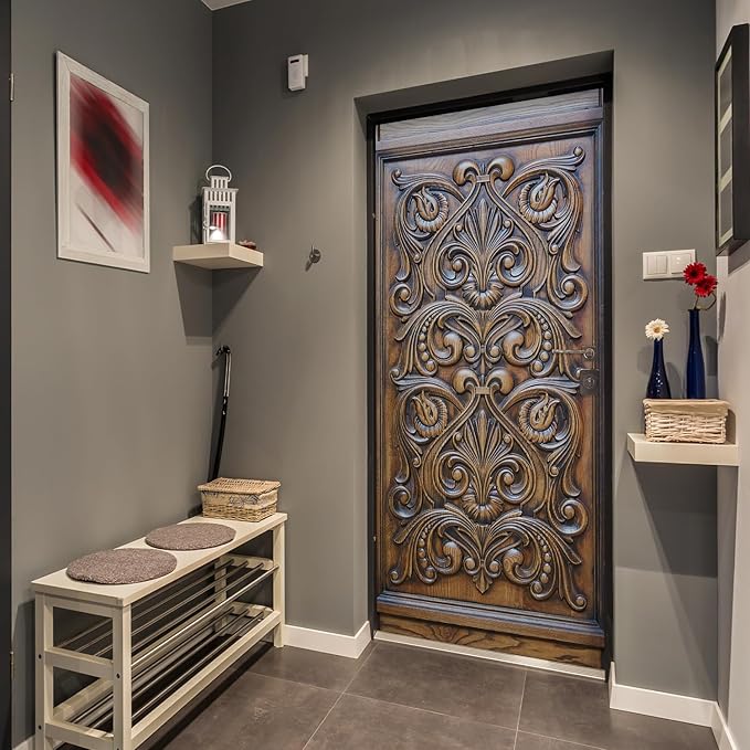 Alwayspon 30x78.7inch Wooden Bas-Relief Decoration Self-Adhesive Door Stickers Murals Decals, Art Vinyl Peel and Stick Removable Door Poster Wallpaper for Bedroom Home Decor
