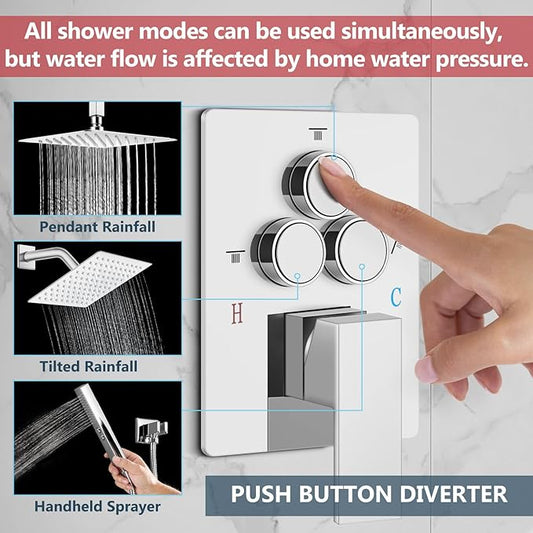 Aolemi Shower Faucet Set Ceiling Mount Shower System Rough-in Valve and Shower Trim Kit 2 in 1 Handheld Spray Push Button Diverter 10 and 6 Inch Dual Shower Head Polish Chrome