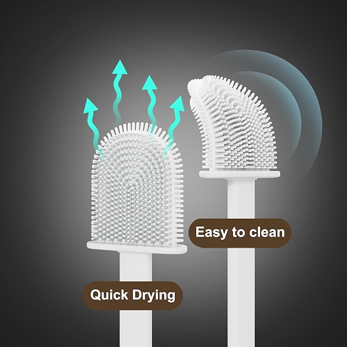 Silicone Toilet Brushes & Holders – Pack of 2 Long Non-Slip Handle, Flexible Bristles for Easy Cleaning – Modern Drip-Free Base, Durable White Bathroom Toilet Brush Set with Holder