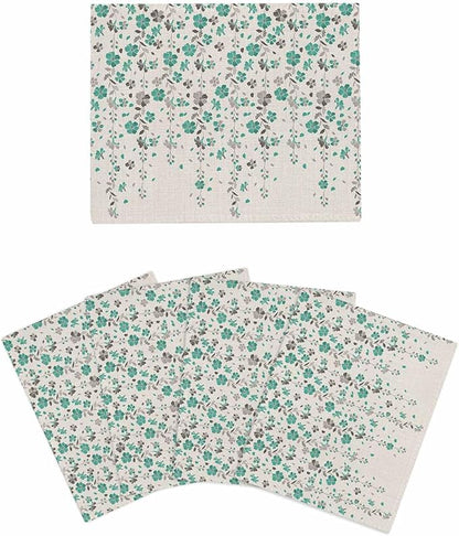 4 Pack Flower Teal Kitchen Dish Cloths, Grey Cherry Blossoms Cotton Linen Background Dishcloths for Kitchen, Reusable Paper Towels, Super Absorbent Quick Drying Washcloths Cleaning Wipes, 8x7 inch