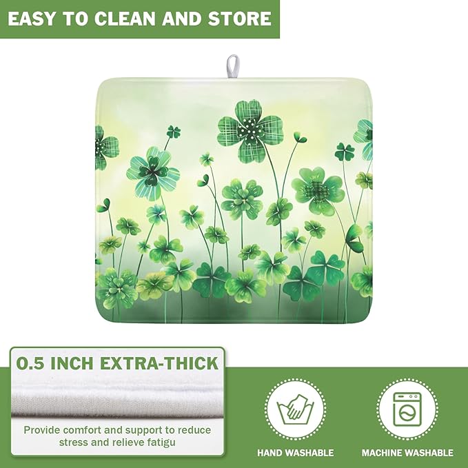 St Patrick's Day Dish Drying Mat for Kitchen Counter Green Lucky Shamrock Pattern Drying Mat 16x18 Inch Spring Holiday Absorbent Dish Drainer Mat Kitchen Accessories