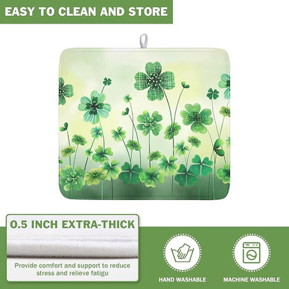 St Patrick's Day Dish Drying Mat for Kitchen Counter Green Lucky Shamrock Pattern Drying Mat 16x18 Inch Spring Holiday Absorbent Dish Drainer Mat Kitchen Accessories