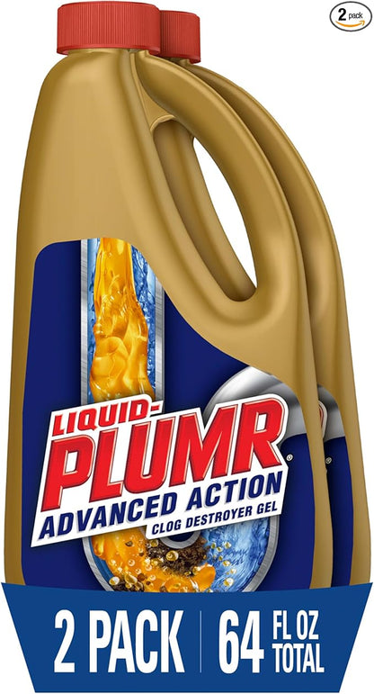 Clorox Liquid-Plumr Advanced Action Clog Destroyer Gel, Removes Multiple Types of Clogs including Hair, Deodorizes and Freshens, Safe for All Septic Systems and Pipes, 2 Bottles, 32 fl. oz. Bottle