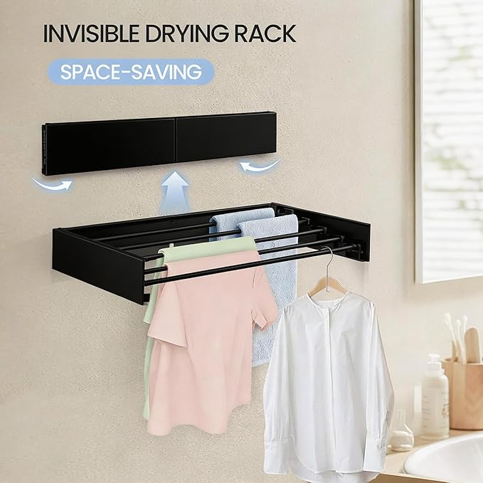 Wall Mounted Laundry Drying Rack, Carbon Steel Foldable & Retractable Clothes Drying Rack, Space Saving Adjustable Towel Holder for Bathroom, Laundry, Small Spaces (1, Black, 80cm)