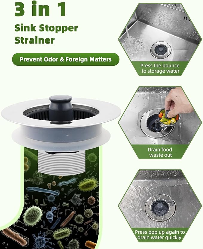 Universal Kitchen Sink Strainer Stopper Combo, 3 in 1 Pop Up Kitchen Sink Stopper with Chrome Stainless Steel Wraped Shell for US Standard 3-1/2 inch Drain Filter, Anti-Clog